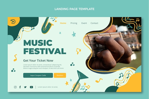 Vector gratuito página de inicio de festival de música colorida dibujada a mano