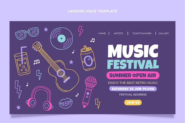Página de inicio de festival de música colorida dibujada a mano