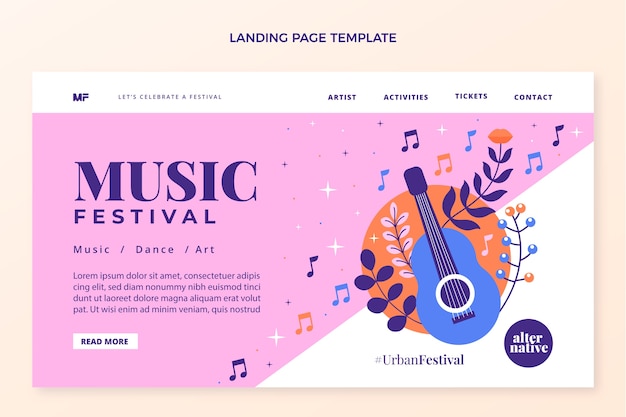 Página de inicio de festival de música colorida dibujada a mano