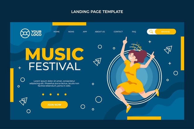 Página de inicio de festival de música minimalista de diseño plano