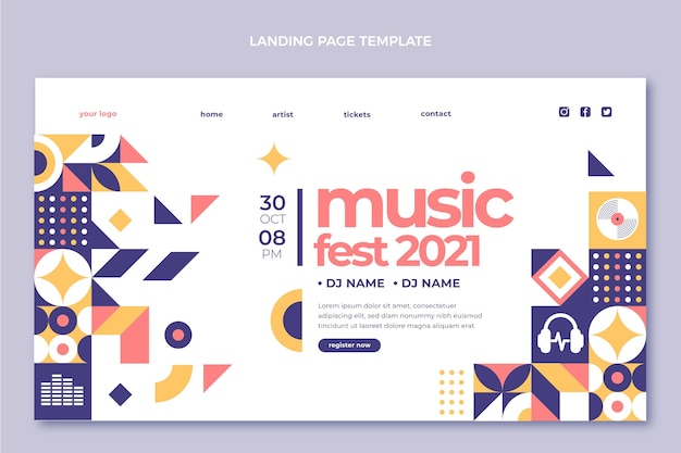 Vector gratuito página de inicio del festival de música de mosaico de diseño plano