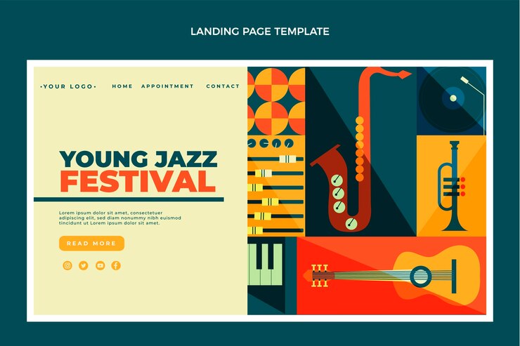 Vector gratuito página de inicio del festival de música de mosaico de estilo plano