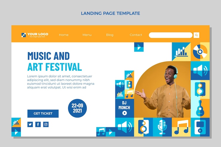 Vector gratuito página de inicio del festival de música de mosaico plano
