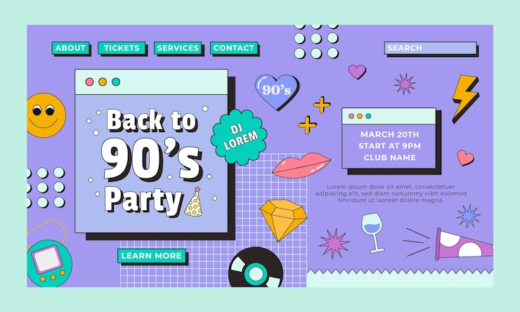 Vector gratuito página de inicio de fiesta de los 90 dibujada a mano