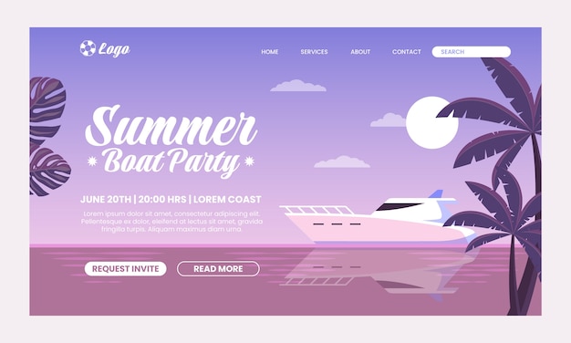 Vector gratuito página de inicio de fiesta en barco de diseño plano