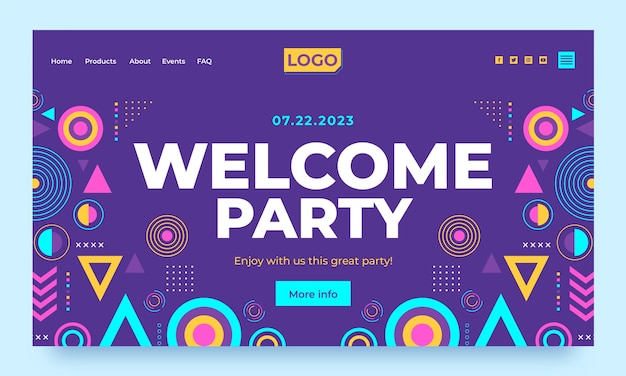 Página de inicio de fiesta de bienvenida de diseño plano
