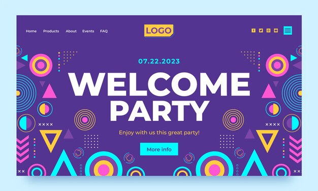 Página de inicio de fiesta de bienvenida de diseño plano