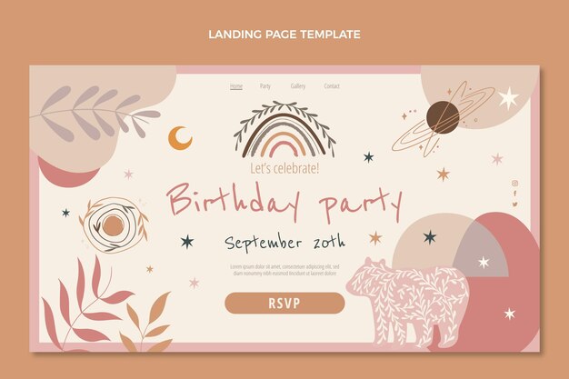 Página de inicio de fiesta de cumpleaños boho dibujada a mano