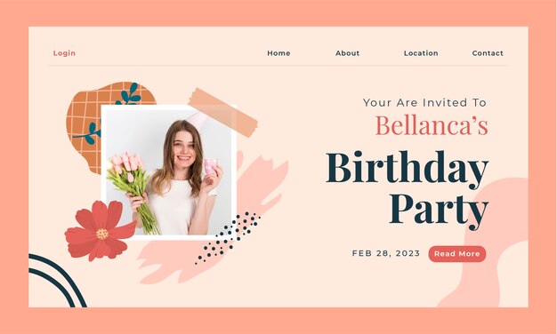 Página de inicio de fiesta de cumpleaños dibujada a mano