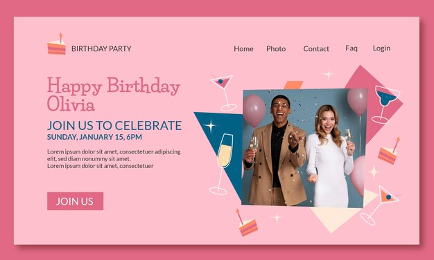Página de inicio de fiesta de cumpleaños dibujada a mano