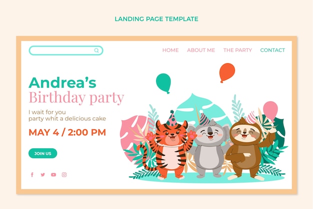 Vector gratuito página de inicio de la fiesta de cumpleaños de la jungla dibujada a mano