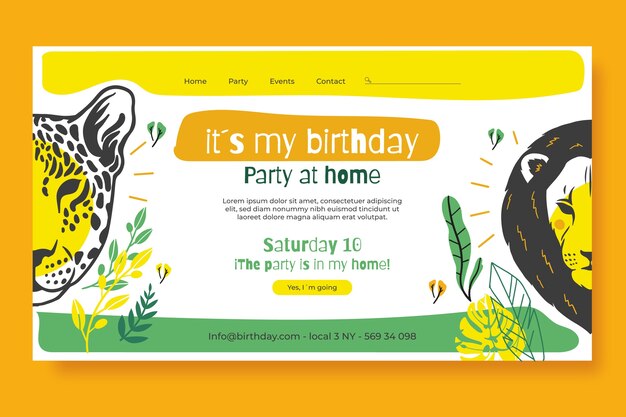 Página de inicio de la fiesta de cumpleaños de la jungla dibujada a mano
