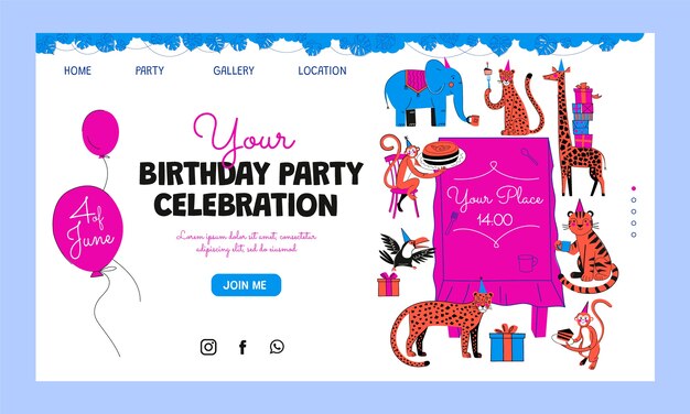 Página de inicio de la fiesta de cumpleaños de la jungla dibujada a mano
