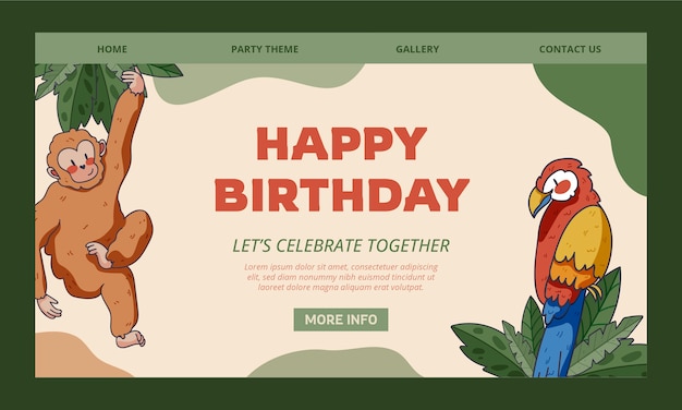 Vector gratuito página de inicio de la fiesta de cumpleaños de la jungla dibujada a mano