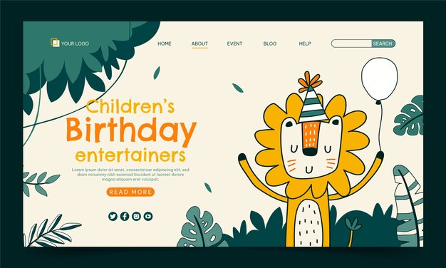 Vector gratuito página de inicio de la fiesta de cumpleaños de la jungla de diseño plano