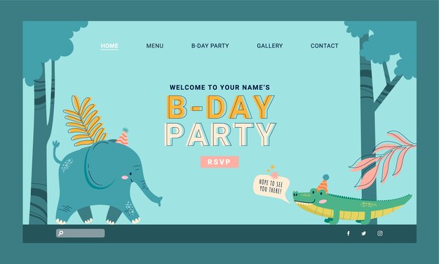 Página de inicio de fiesta de cumpleaños de selva de diseño plano dibujado a mano