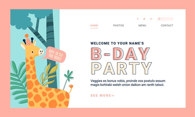 Página de inicio de fiesta de cumpleaños de selva de diseño plano dibujado a mano