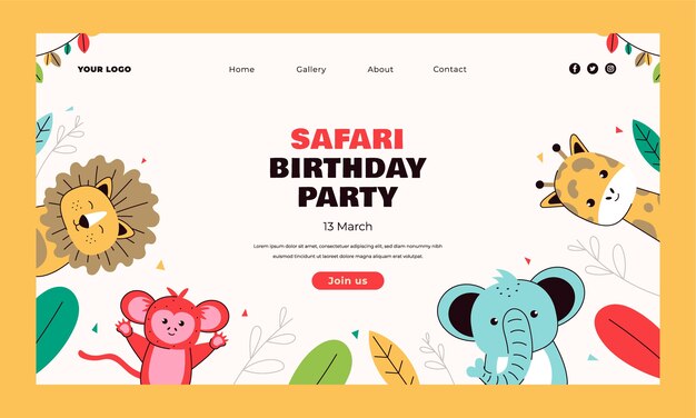 Página de inicio de la fiesta de safari dibujada a mano