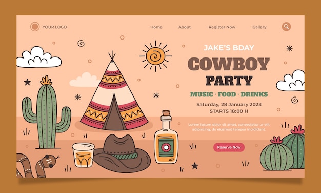 Página de inicio de fiesta de vaqueros dibujada a mano