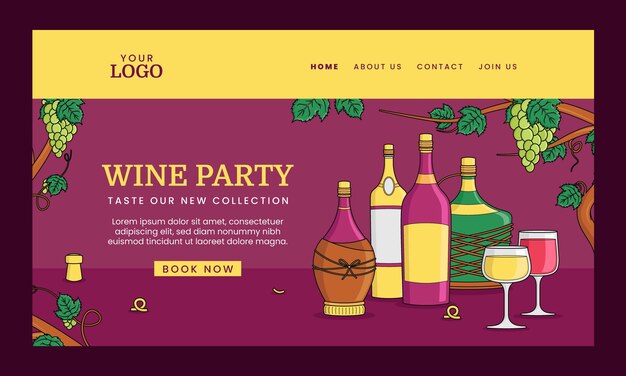 Página de inicio de la fiesta del vino dibujada a mano