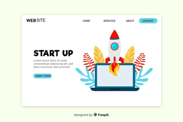 Vector gratuito página de inicio de inicio con laptop y cohete