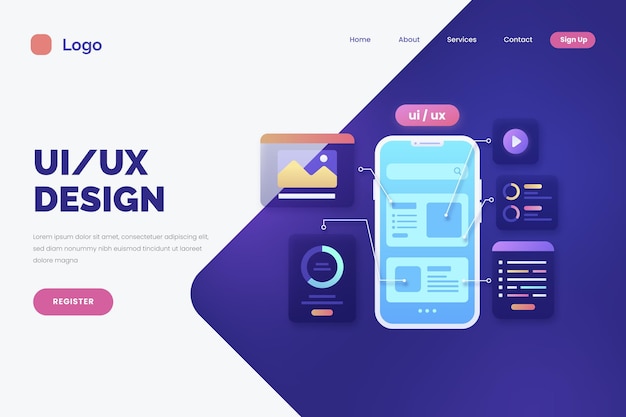 Página de inicio de interfaz de usuario y ux de diseño plano