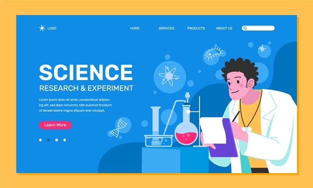 Página de inicio de investigación científica de diseño plano.