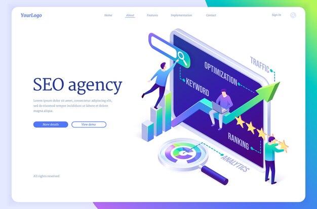 Página de inicio isométrica de agencia SEO, contenido digital.