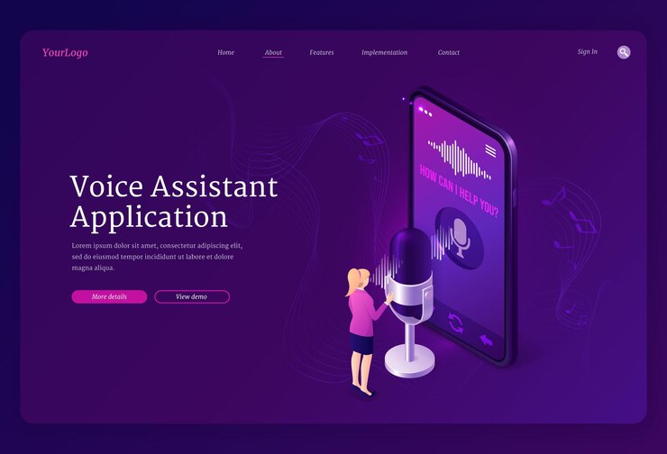 Vector gratuito página de inicio isométrica de la aplicación de asistente de voz