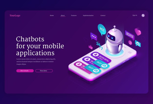 Página de inicio isométrica de la aplicación chatbot móvil, aplicación para mensajería sms