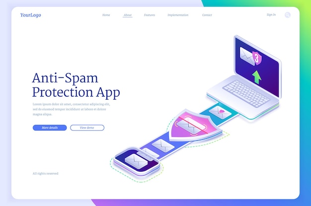 Vector gratuito página de inicio isométrica de la aplicación de protección contra correo no deseado con computadora portátil y sobres aplicación antivirus de seguridad cibernética de software espía