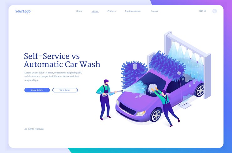 Vector gratuito página de inicio isométrica de autoservicio frente a lavado automático de autos. trabajadores de lavado de autos limpiando vehículos sucios con manguera y espuma, estación para automóviles complejos limpios con ducha y cepillos banner web vectorial 3d