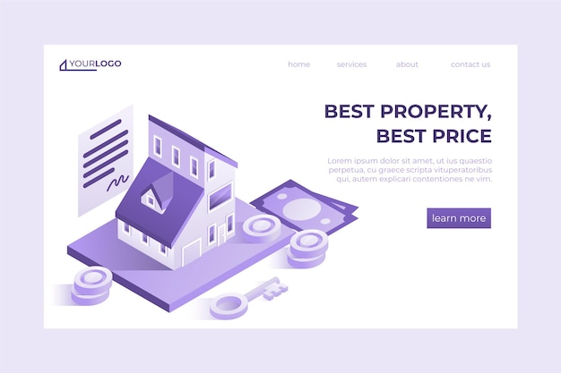 Vector gratuito página de inicio isométrica de bienes raíces