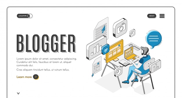 Vector gratuito página de inicio isométrica de blogger, redes sociales.