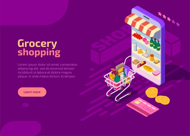 Página de inicio isométrica de compras de comestibles