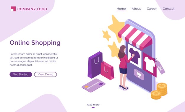 Página de inicio isométrica de compras en línea, banner web