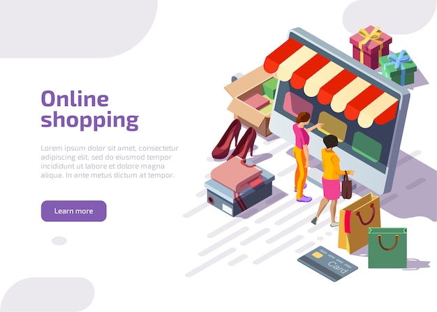 Página de inicio isométrica de compras en línea, clientes comprando en la tienda digital.