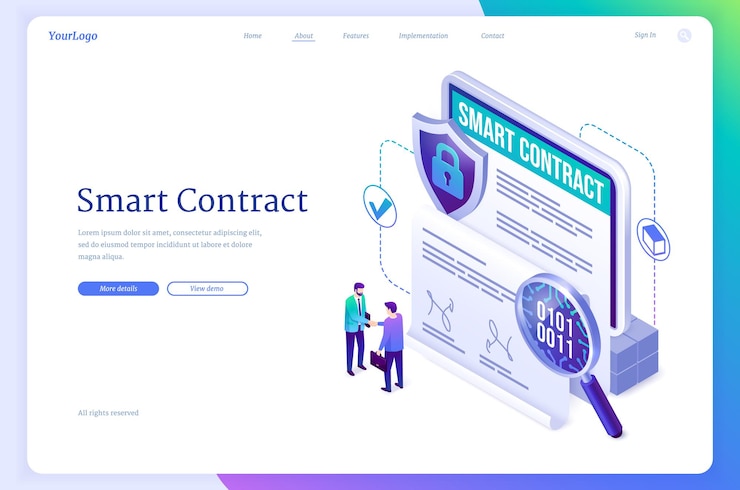 Vector gratuito página de inicio isométrica de contrato inteligente. concepto de firma electrónica, tecnología de cifrado blockchain. apretón de manos de empresarios en tableta enorme con documento de contrato electrónico en línea digital banner web de vector 3d