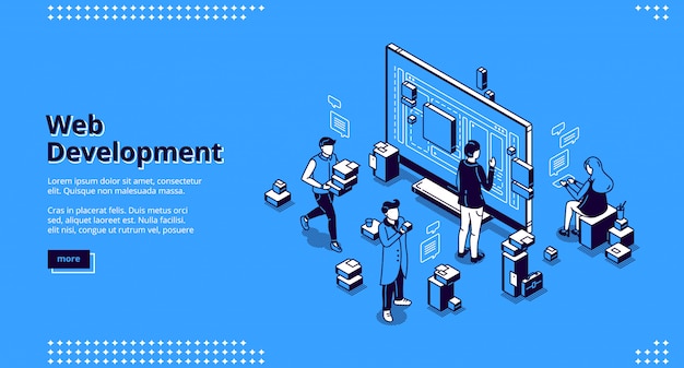 Página de inicio isométrica de desarrollo web, codificación