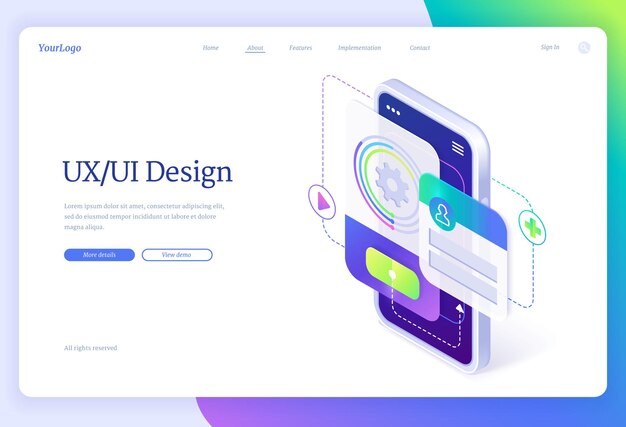 Página de inicio isométrica de diseño de interfaz de usuario y ux
