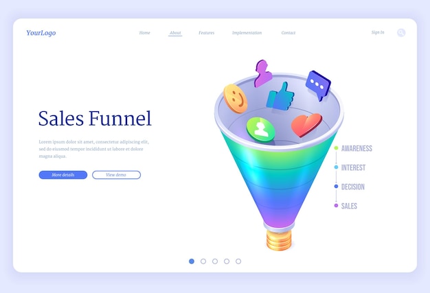 Página de inicio isométrica del embudo de ventas, tasa de conversión, generación de prospectos de ganancias monetarias.