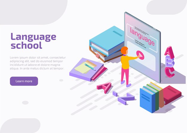 Página de inicio isométrica de la escuela de idiomas.