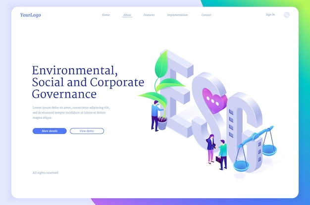 Vector gratuito página de inicio isométrica de esg, medio ambiente, social y gobierno corporativo. concepto de negocio de uso sostenible de los recursos de la empresa verde, actitud responsable hacia la naturaleza y el futuro banner web de vector 3d