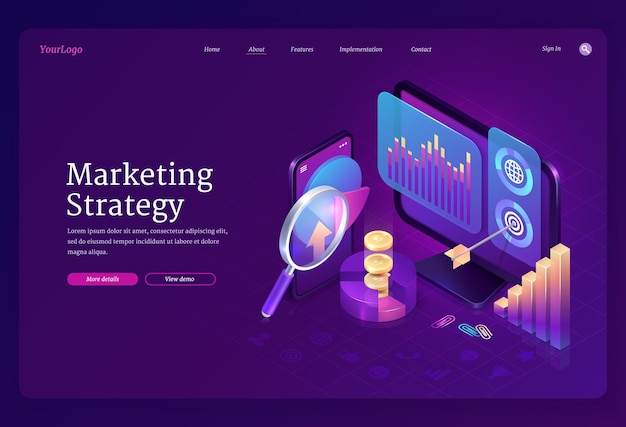 Vector gratuito página de inicio isométrica de estrategia de marketing