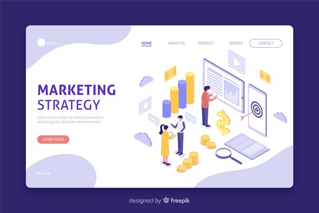 Página de inicio isométrica para estrategia de marketing