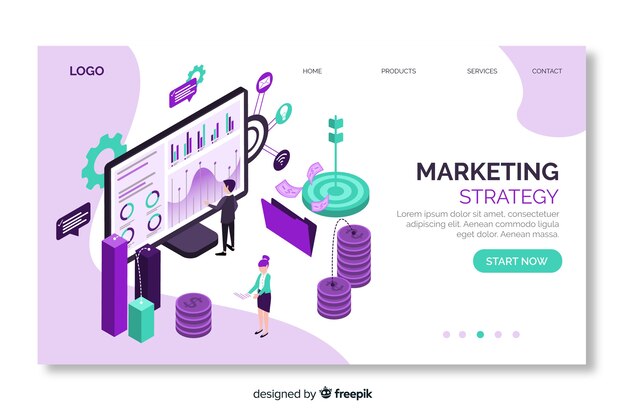 Página de inicio isométrica de estrategia de marketing