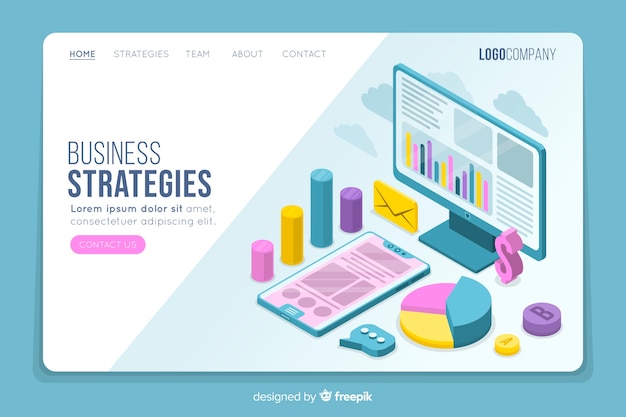 Página de inicio isométrica de estrategias comerciales