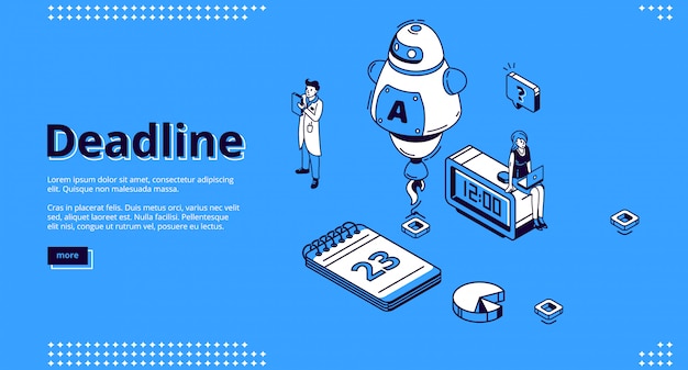 Página de inicio isométrica de fecha límite con robot ai