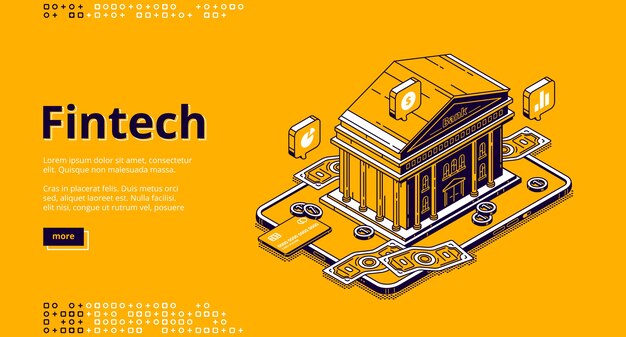 Página de inicio isométrica de Fintech con edificio bancario y dinero. Tecnologías financieras, soluciones digitales para el negocio bancario. Software y aplicación móvil para servicios financieros, banner web de arte de línea 3d