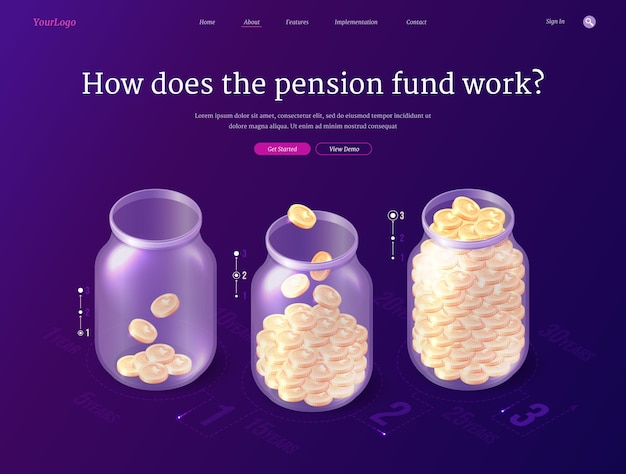 La página de inicio isométrica del fondo de pensiones ahorra dinero